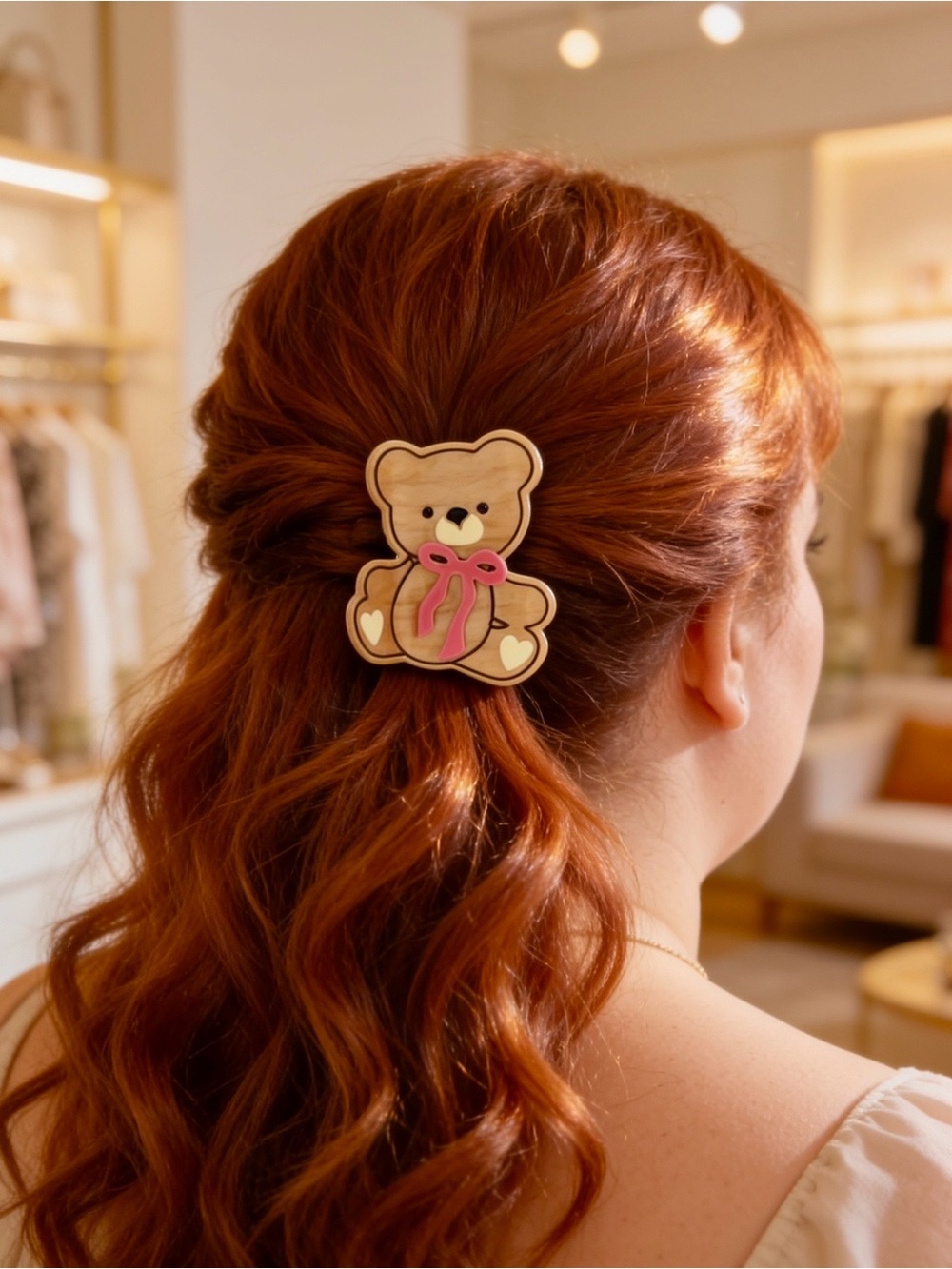 Cute Brown Teddy Bear Hair Clip with Pink Bow